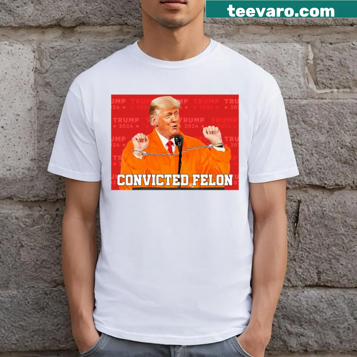 Essential T-shirt with bold text 'Convicted Felon Guilty On All Charges' — on a men's t-shirt