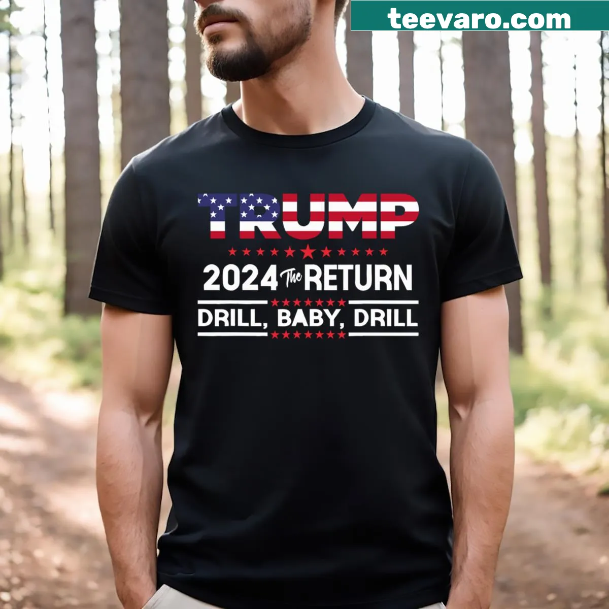 Patriotic T-shirt with 'Drill Baby Drill' text for 4th of July — on a men's t-shirt