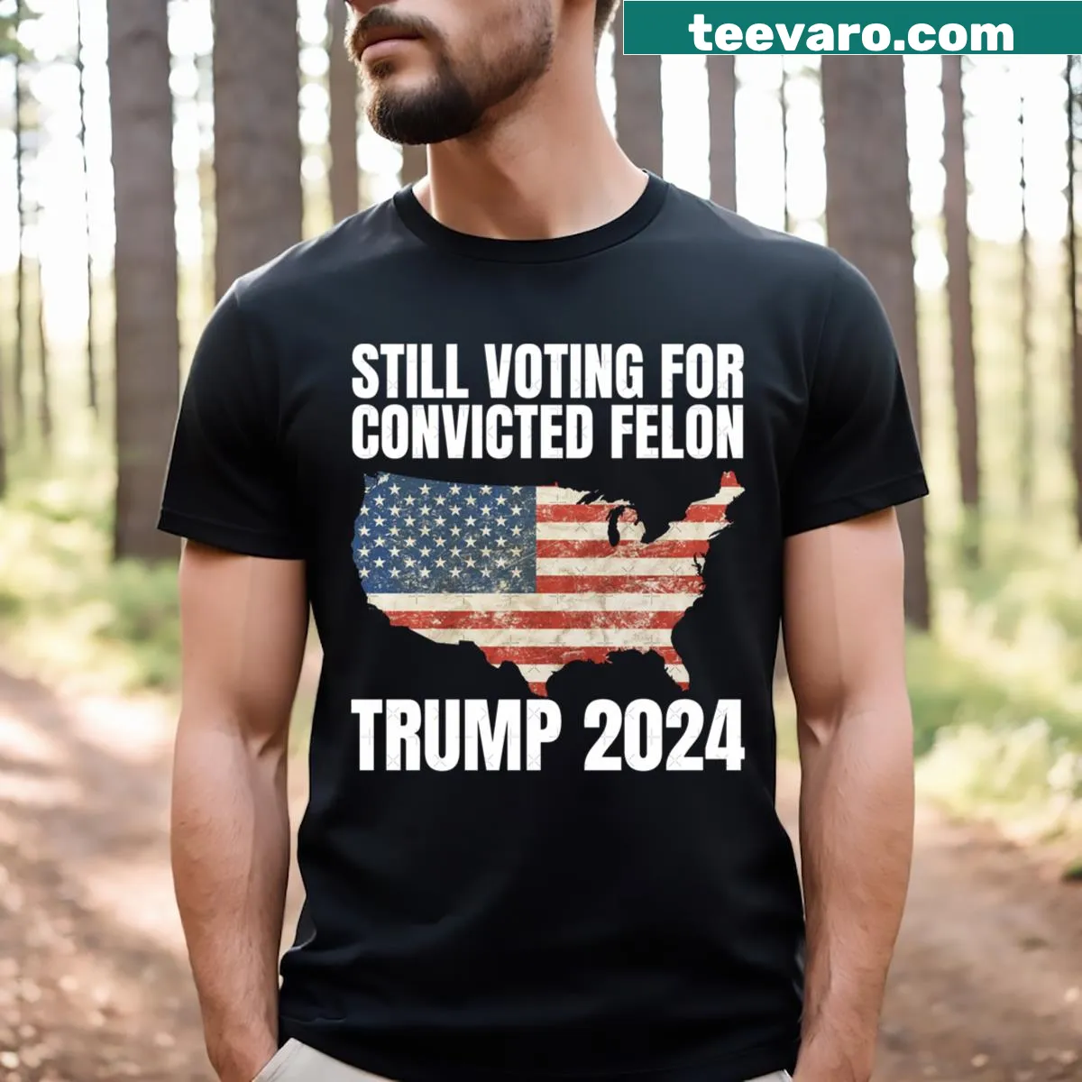 Bold political T-shirt featuring text about voting for a convicted felon with the USA flag. — on a men's t-shirt