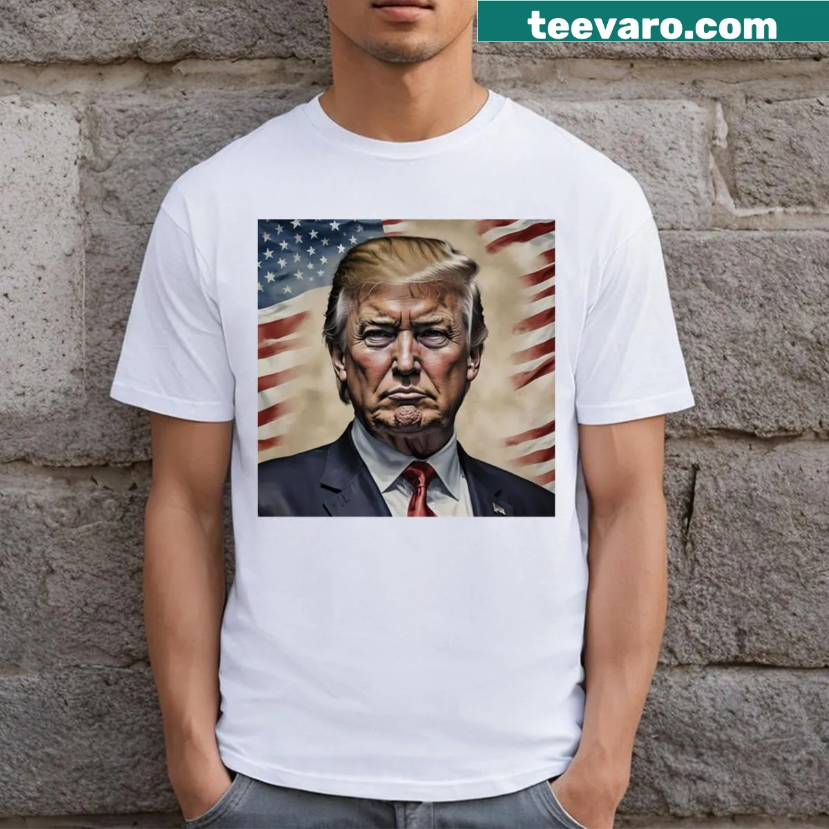 T-shirt with Trump graphic and American flag design — on a men's t-shirt