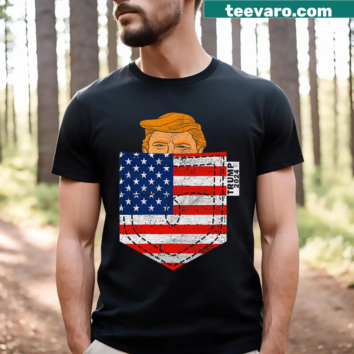 Graphic T-shirt for 2024 election with 'Trump In Your Pocket' text — on a men's t-shirt
