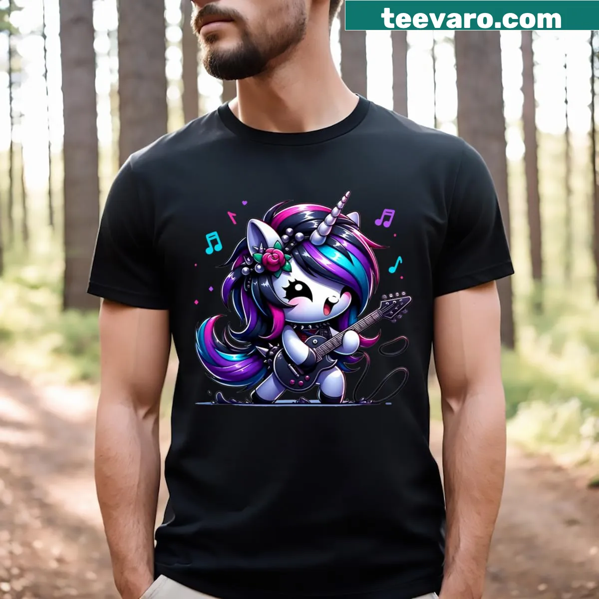Illustrated T-shirt featuring a unicorn playing guitar in a rock style — on a men's t-shirt