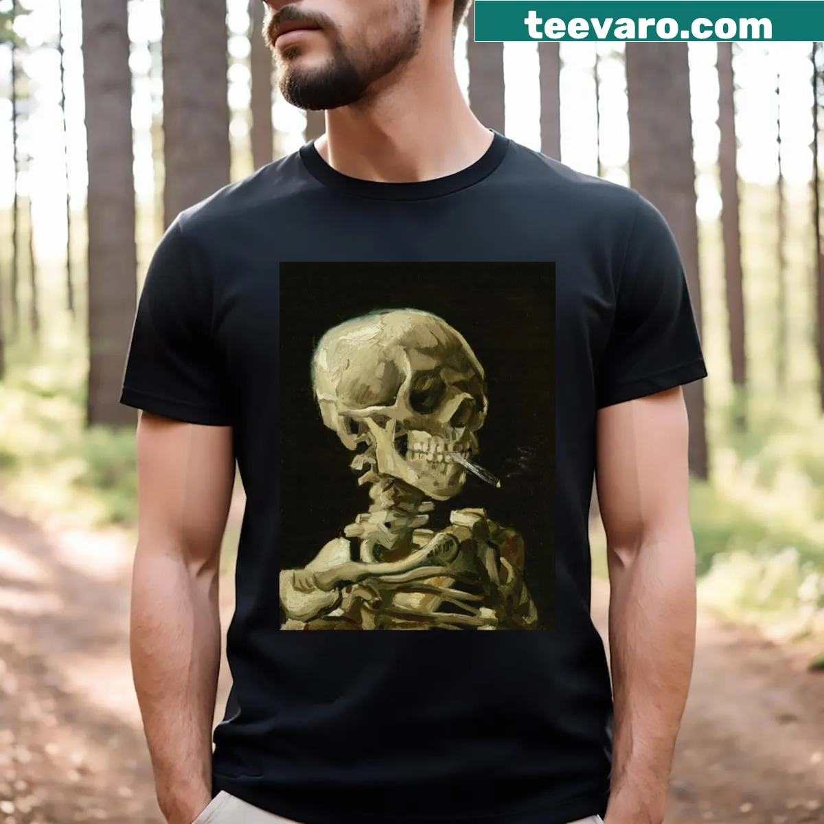T-shirt featuring Van Gogh-inspired skeleton artwork with a burning cigarette — on a men's t-shirt