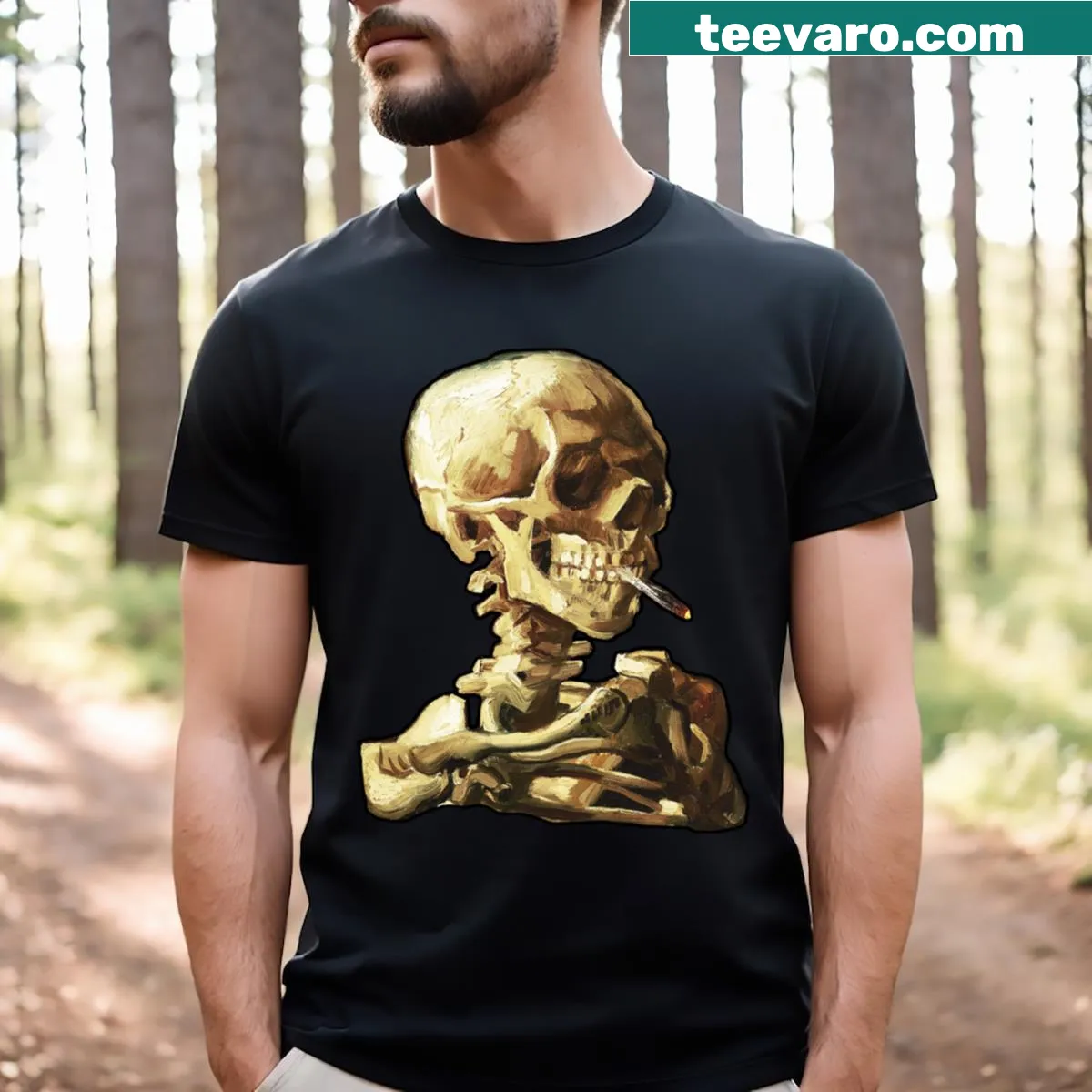Skull illustration with a burning cigarette inspired by Van Gogh — on a men's t-shirt