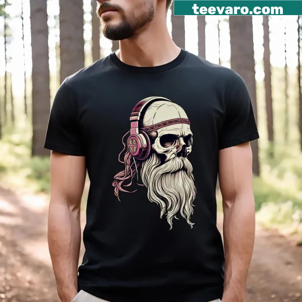 Vintage skull illustration with beard and large headphones on T-shirt