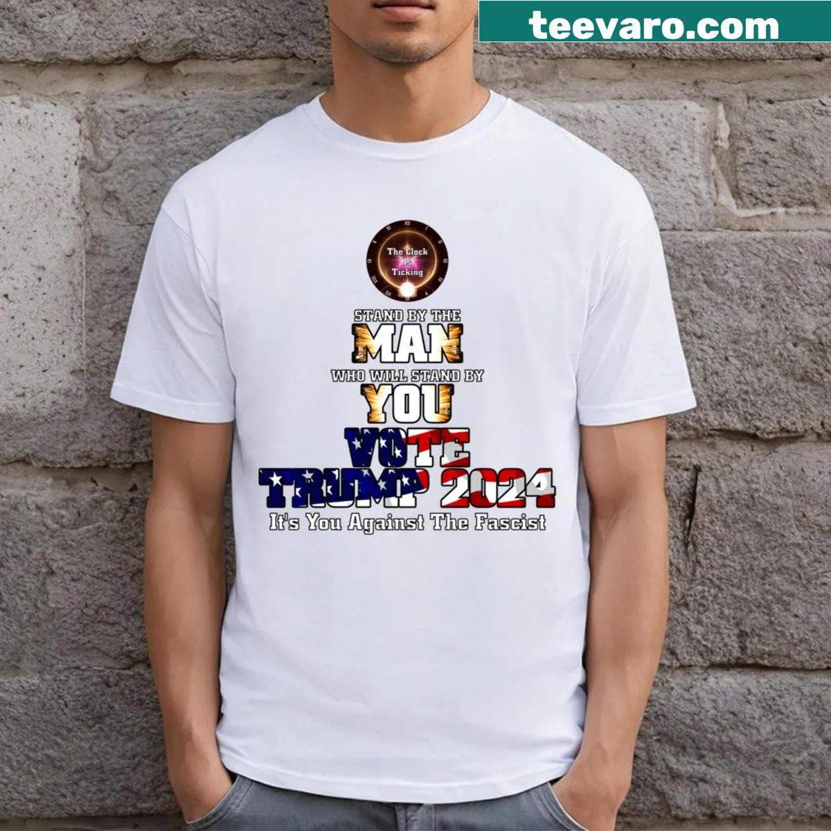 T-shirt with bold 'Vote Trump 2024' text — on a men's t-shirt