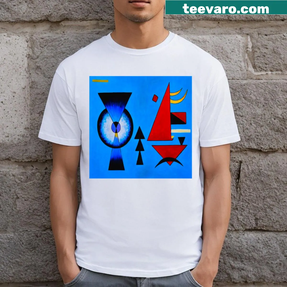 Art-inspired T-shirt featuring abstract design reminiscent of Kandinsky — on a men's t-shirt