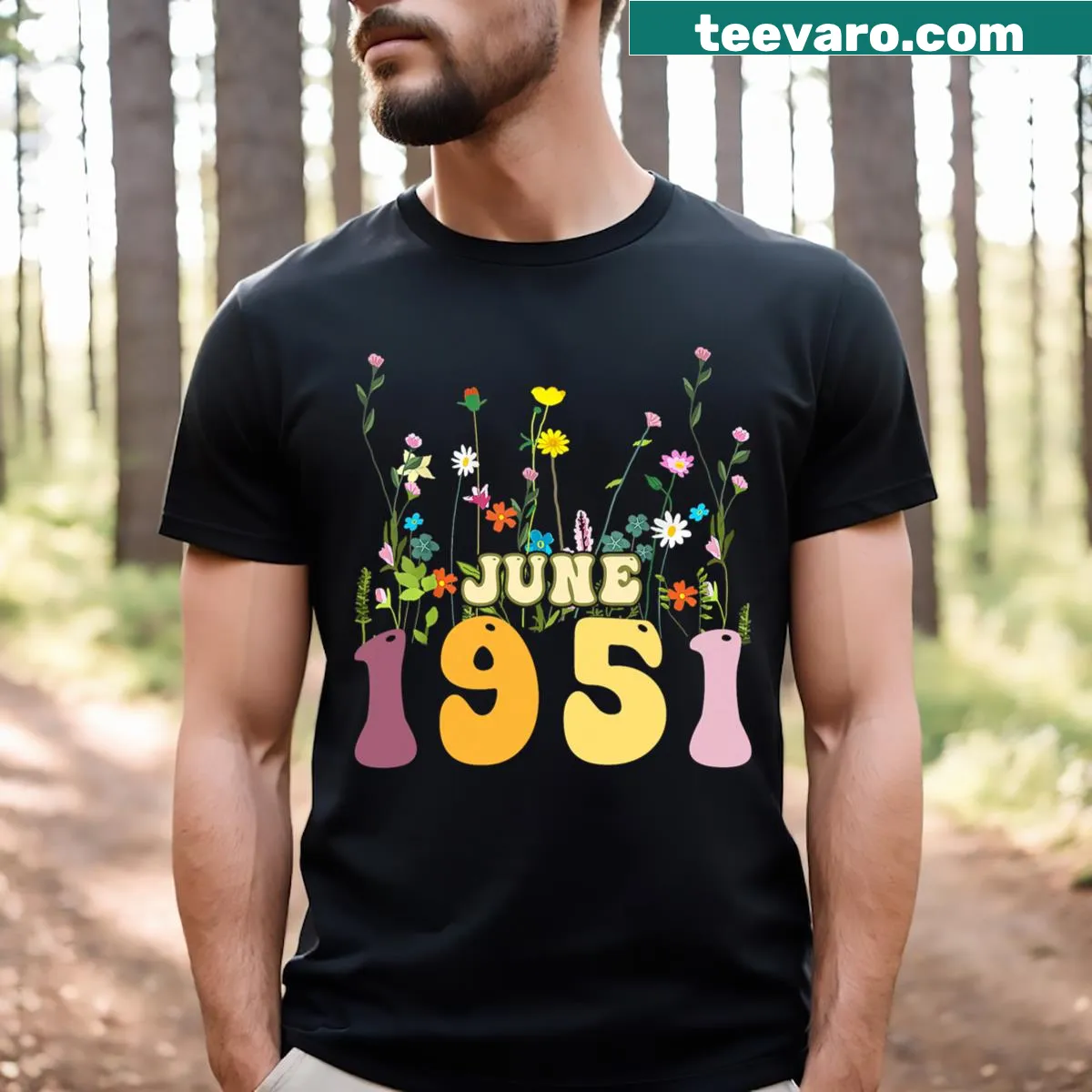 Wildflower birthday t-shirt for women born in June 1951 — on a men's t-shirt