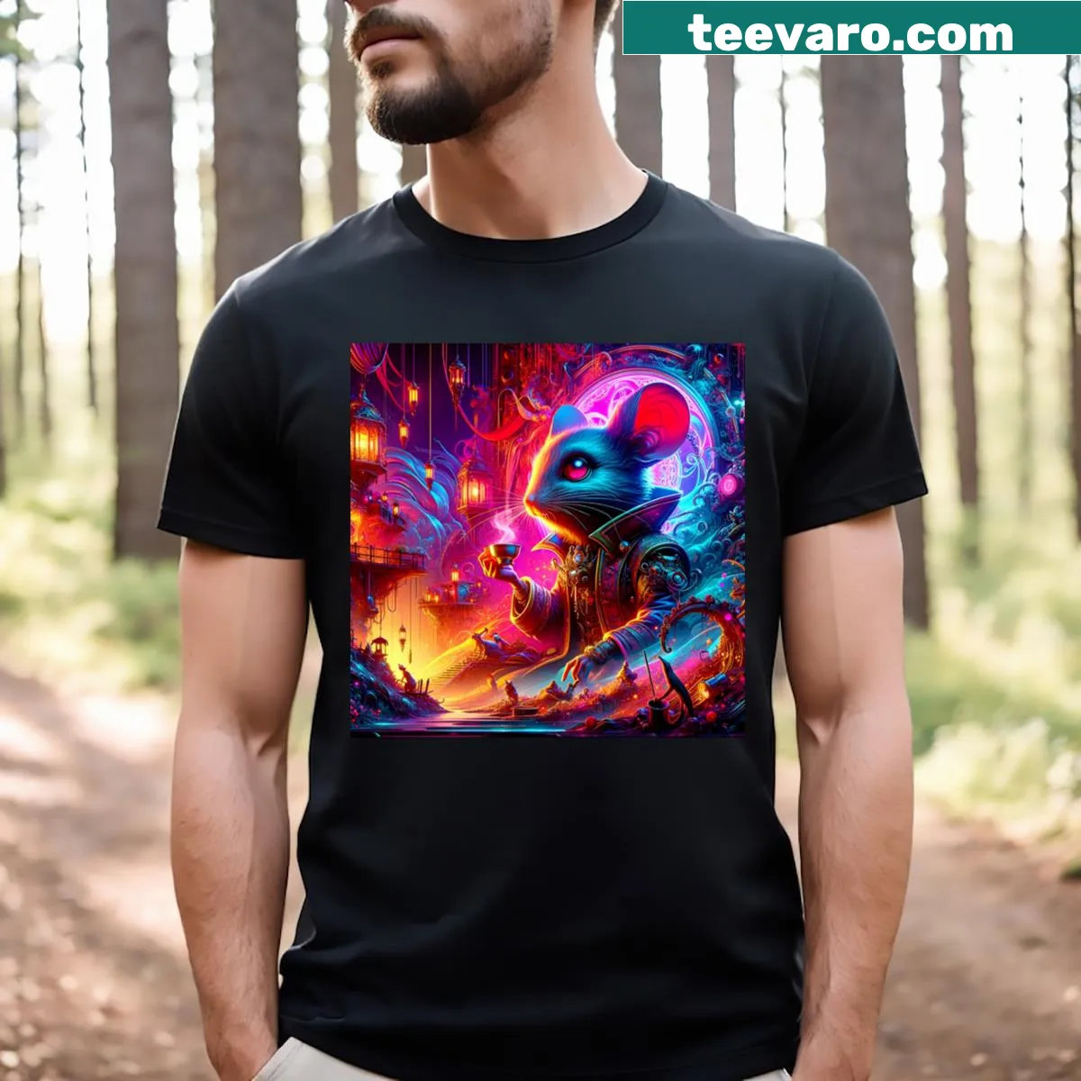 Cyber steampunk design with doormouse and text inspired by a nursery rhyme — on a men's t-shirt
