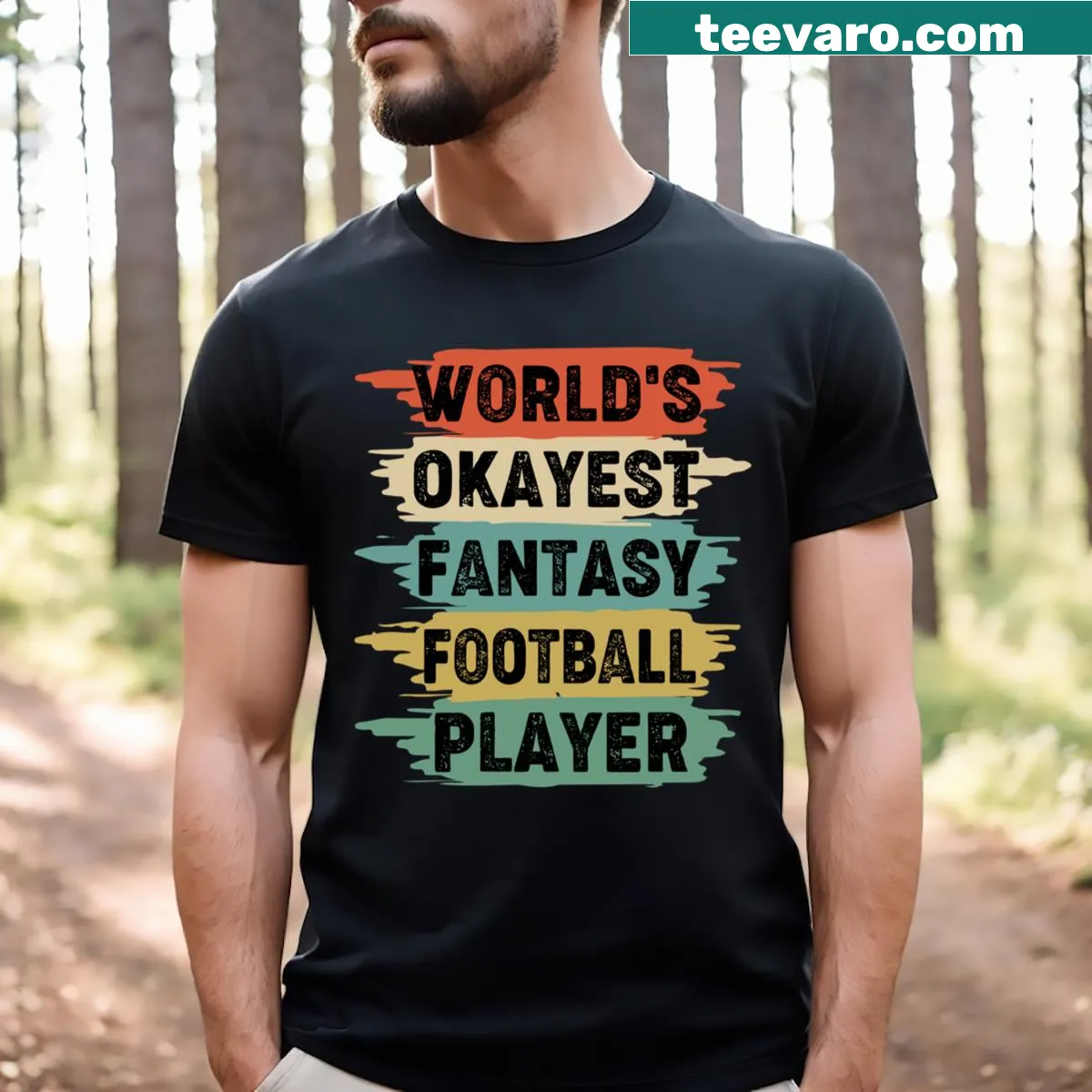 Funny typography design stating 'World's Okayest Fantasy Football Player' on T-shirt — on a men's t-shirt