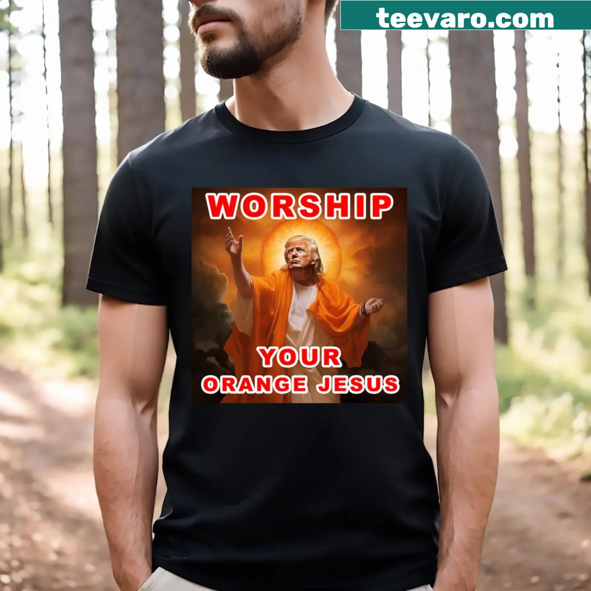 Illustration of 'Orange Jesus' referencing Donald Trump on T-shirt, with humorous tone — on a men's t-shirt