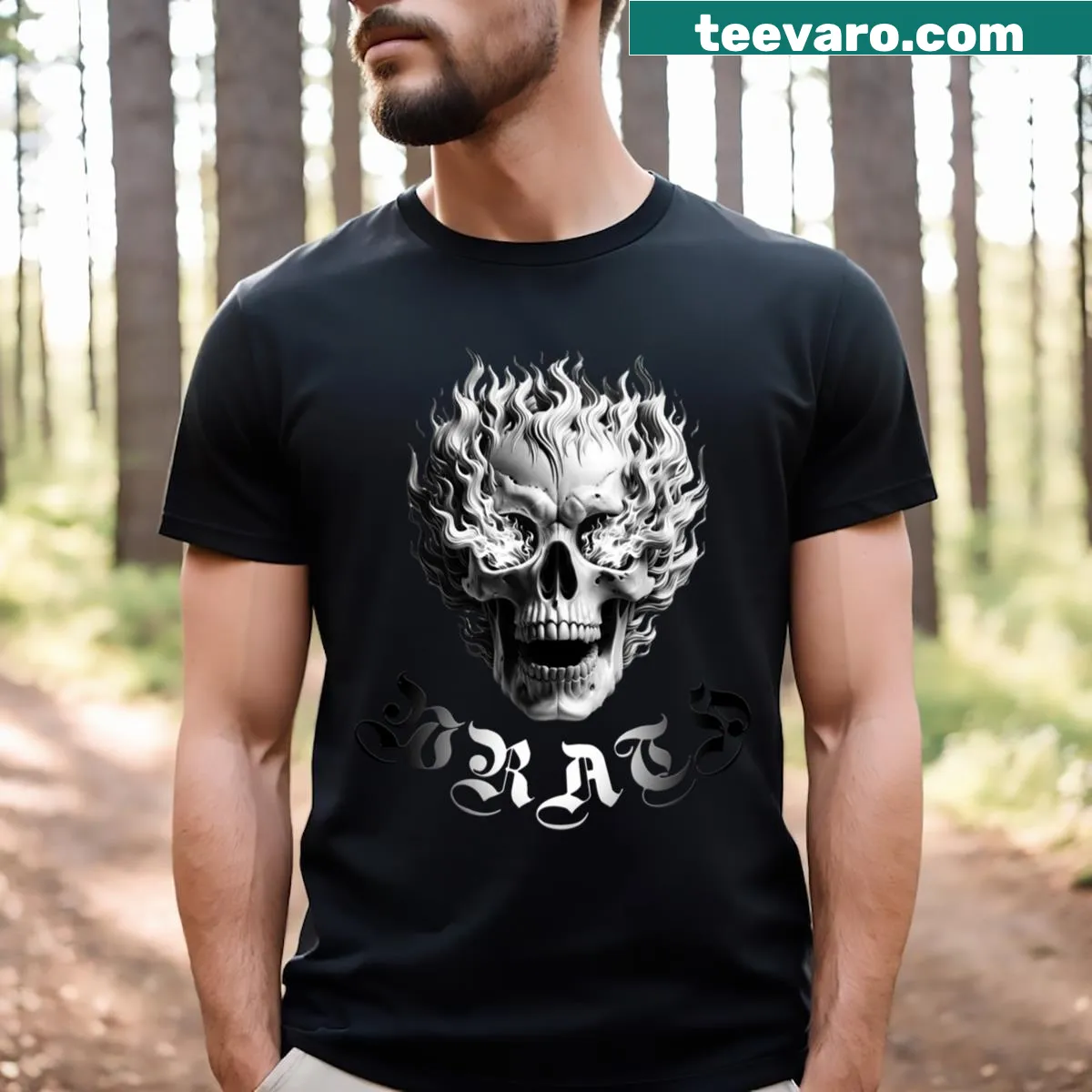 Skull in flames graphic t-shirt representing wrath — on a men's t-shirt