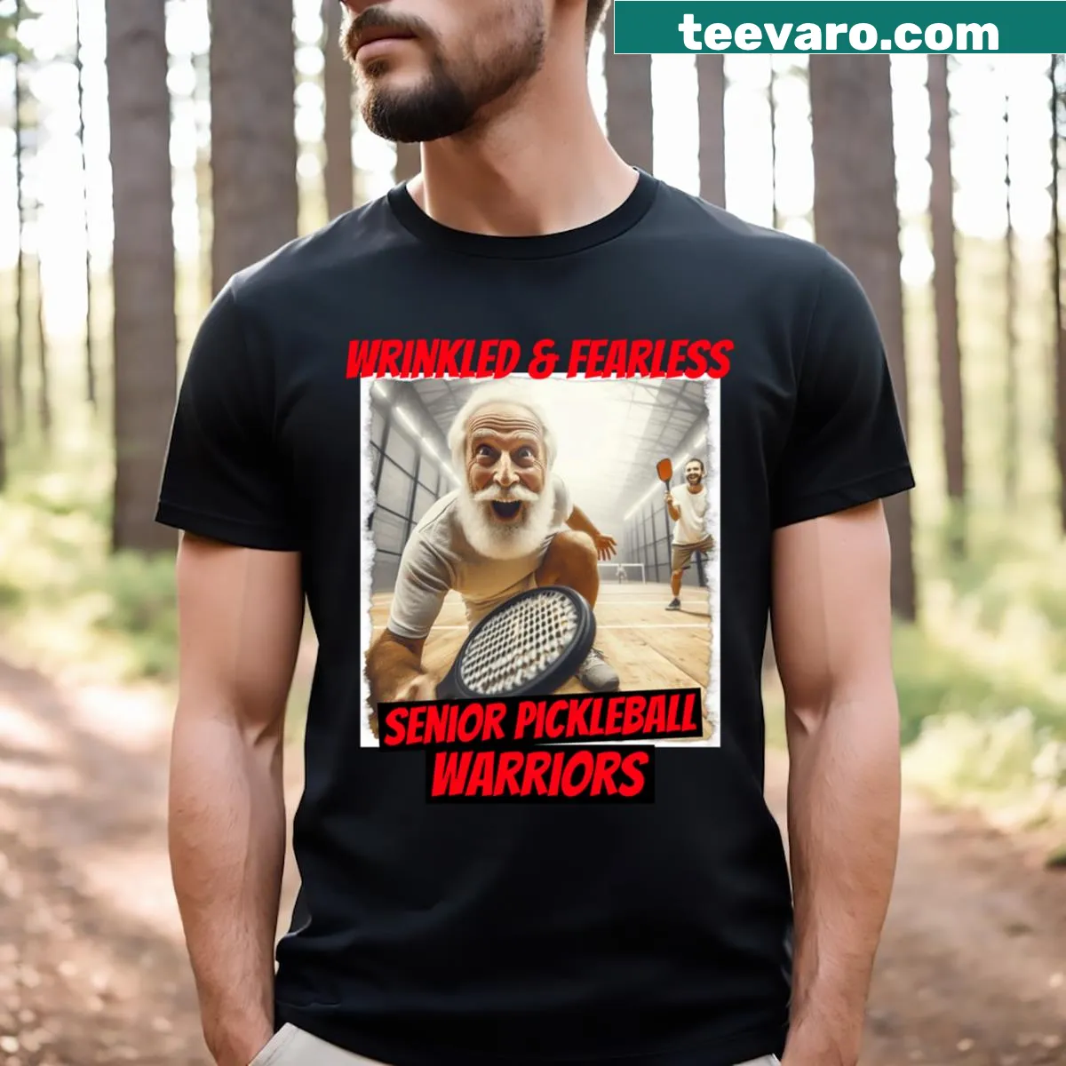 Senior pickleball t-shirt with playful 'Wrinkled but Fearless' text — on a men's t-shirt