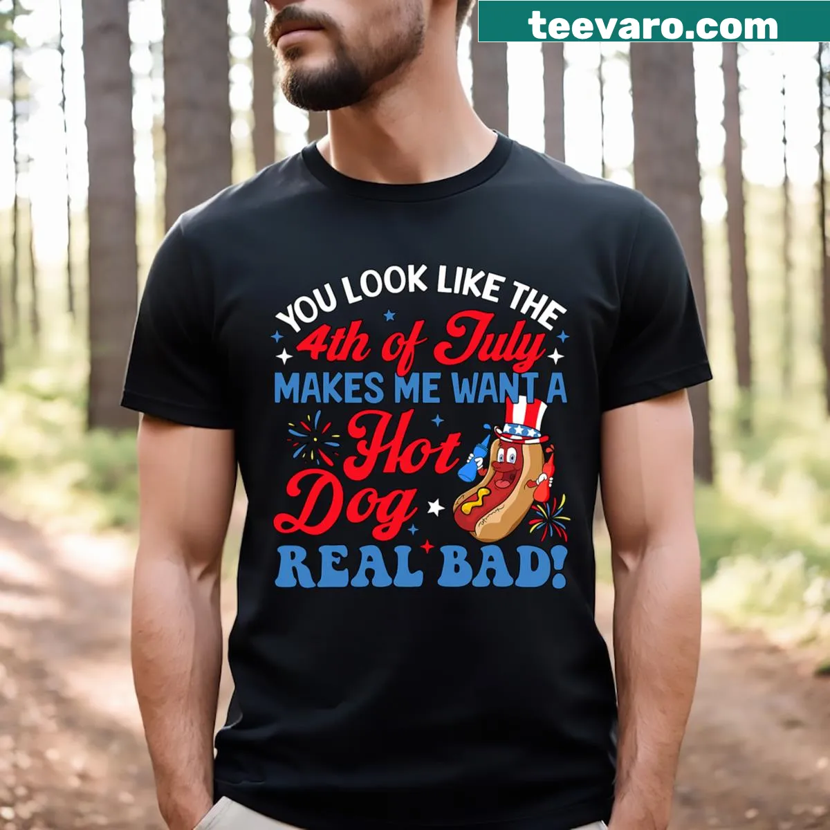 Playful hot dog graphic with text about the 4th of July — on a men's t-shirt