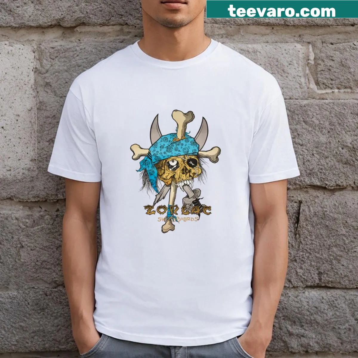 Intricate pirate skull design by Zorlac Pushead on a t-shirt — on a men's t-shirt