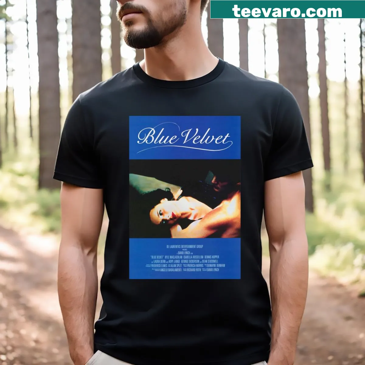 T-shirt featuring artwork inspired by the movie Blue Velvet — on a men's t-shirt
