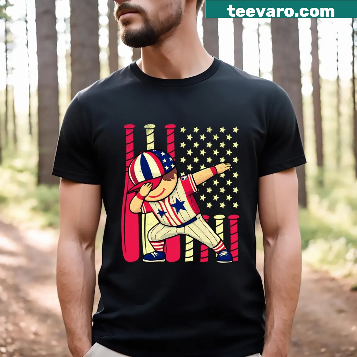 Baseball player dabbing against the USA flag graphic on T-shirt — on a men's t-shirt