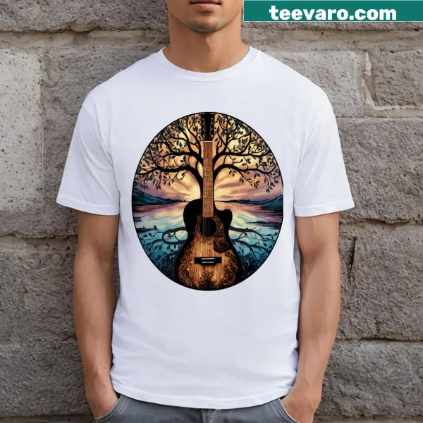 Illustrated acoustic guitar tree design on a nature-themed T-shirt