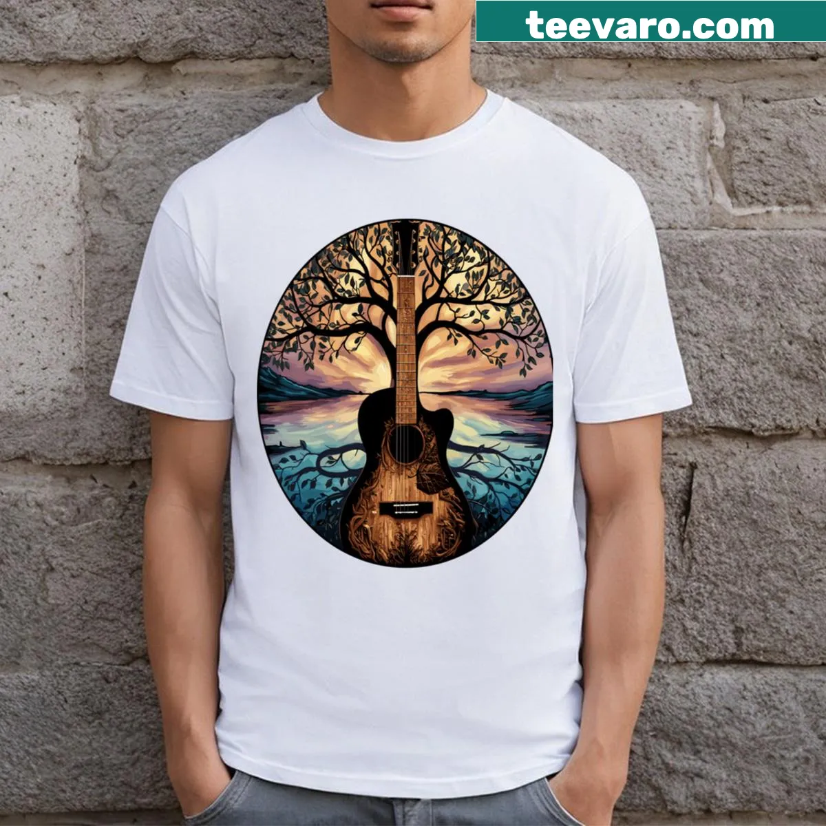 Illustrated acoustic guitar tree design on a nature-themed T-shirt — on a men's t-shirt