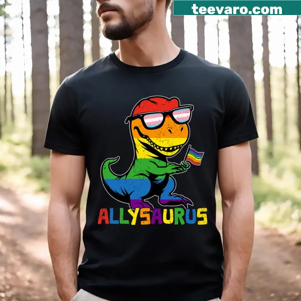 Dinosaur graphic with rainbow flag symbolizing LGBTQ+ allyship.