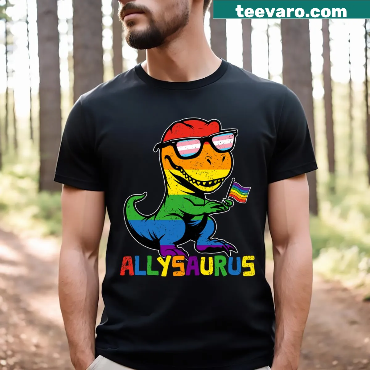 Dinosaur graphic with rainbow flag symbolizing LGBTQ+ allyship. — on a men's t-shirt
