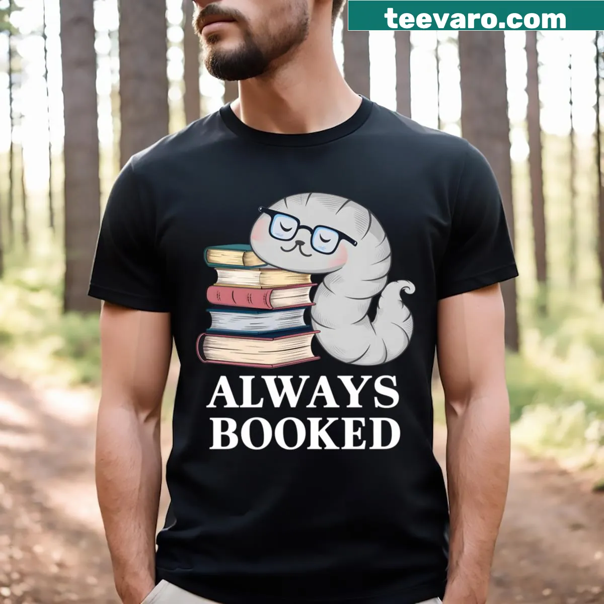 Book-themed t-shirt with playful reading graphics — on a men's t-shirt