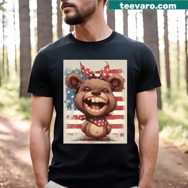 Cute Pooky Bear graphic with the American flag on T-shirt