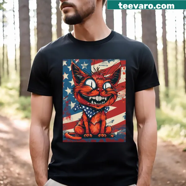 Funny patriotic T-shirt with American flag and spooky cat graphic