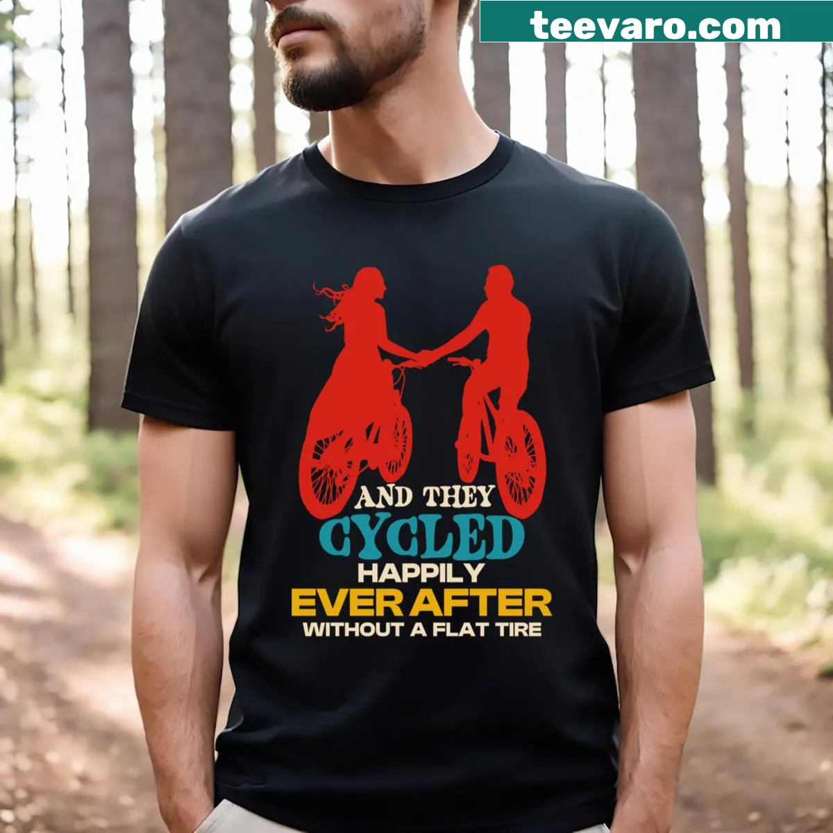 Couple cycling graphic T-shirt — on a men's t-shirt