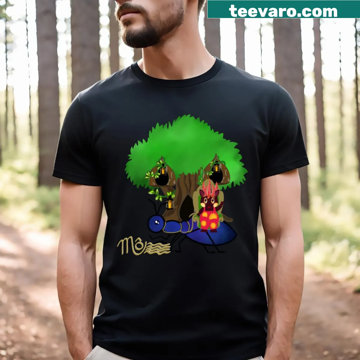 T-shirt featuring Azel and whimsical Bliboucornes creatures — on a men's t-shirt