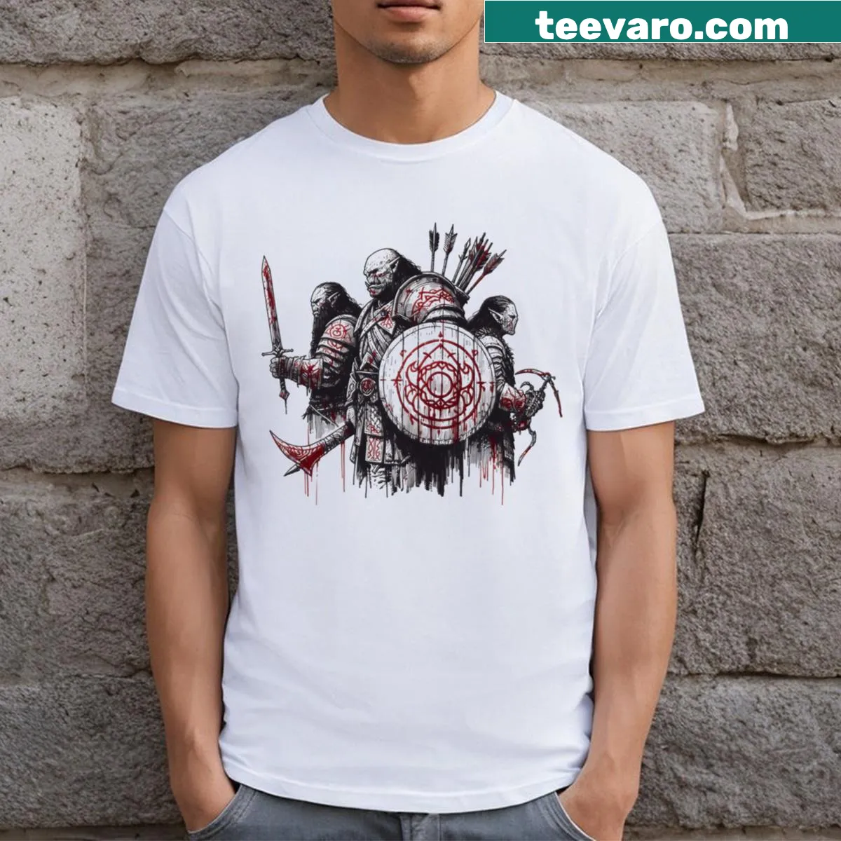 Orc warriors ink design t-shirt featuring detailed fantasy artwork — on a men's t-shirt