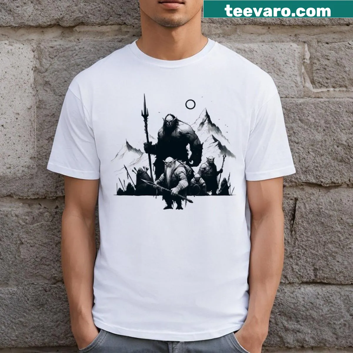 Orc warriors moving through mountains ink design t-shirt — on a men's t-shirt
