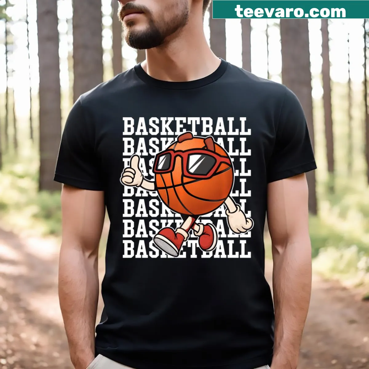 Playful basketball illustration with sunglasses and thumbs up — on a men's t-shirt