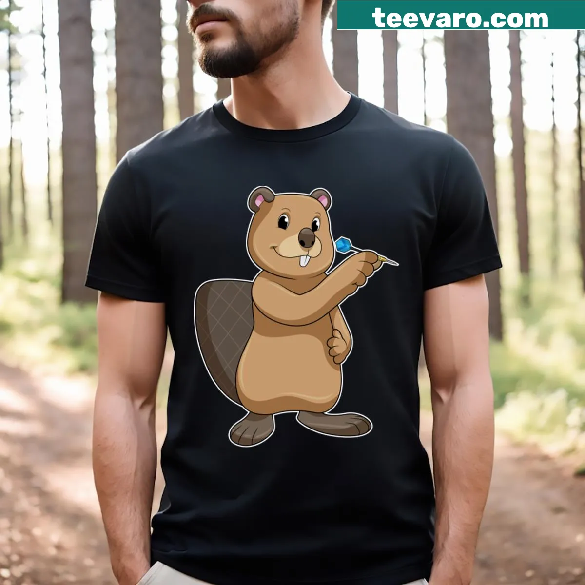 Cartoon beaver playing darts graphic t-shirt — on a men's t-shirt