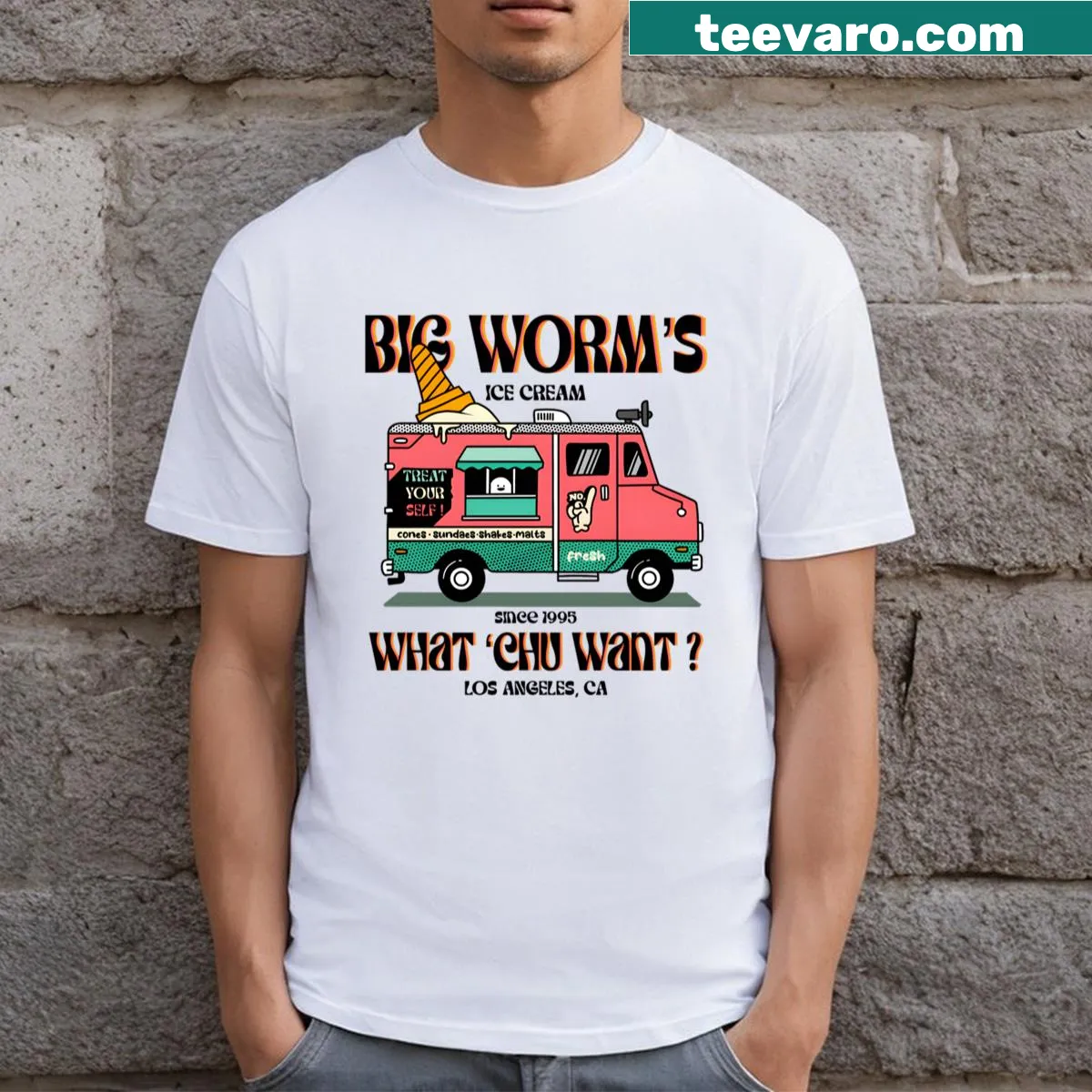 Cartoon Big Worm Ice Cream T-shirt featuring a worm enjoying ice cream. — on a men's t-shirt