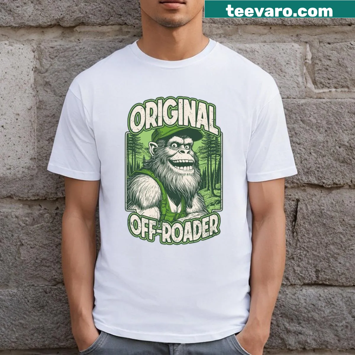 Bigfoot hiking graphic T-shirt with humorous outdoor theme — on a men's t-shirt