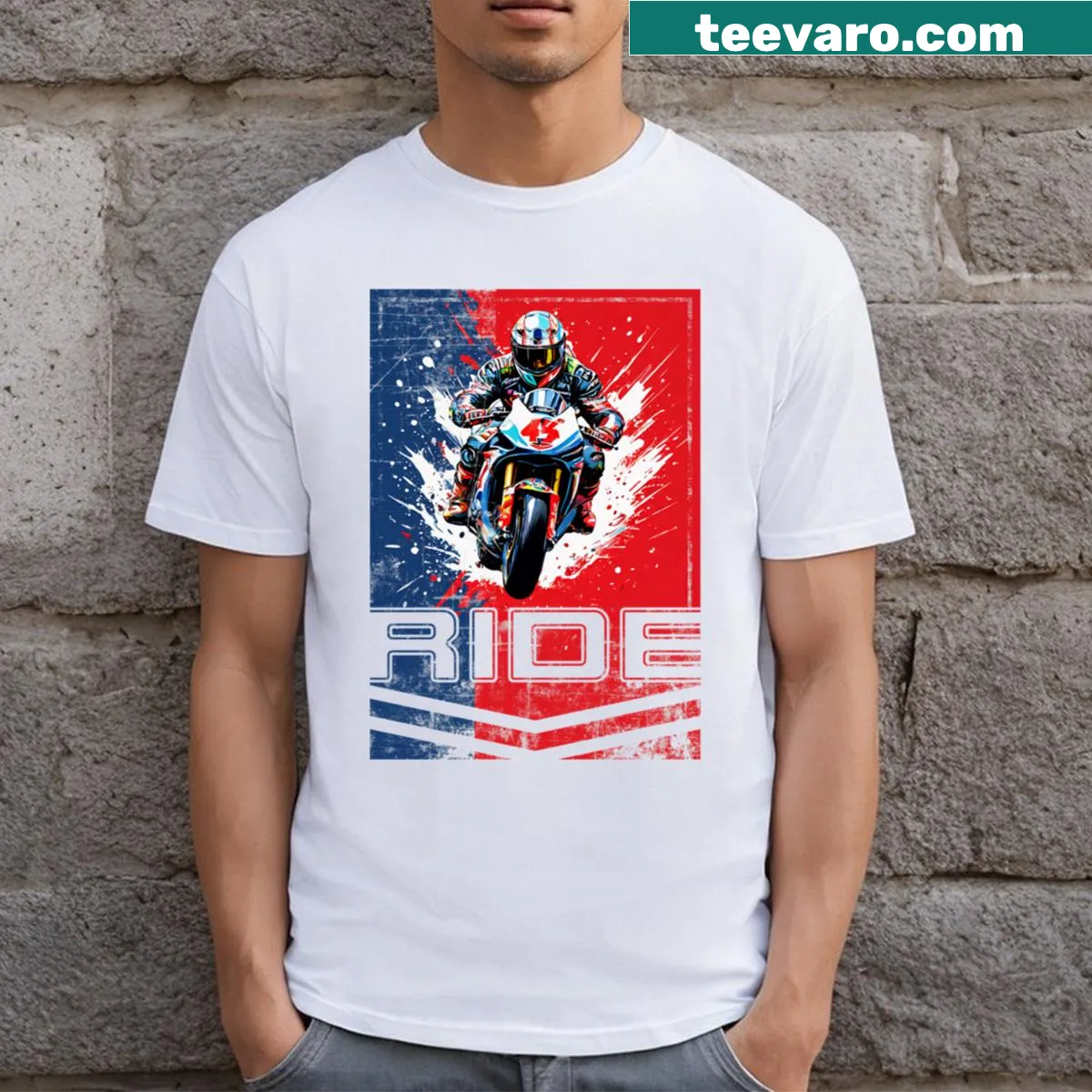 Illustrative Biker Motorcycle Sport T-shirt featuring dynamic motorcycle design. — on a men's t-shirt