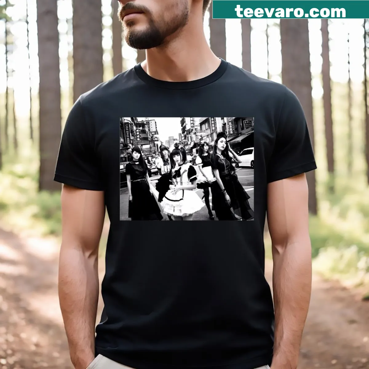 Black and white t-shirt featuring a logo inspired by Tokyo girl bands — on a men's t-shirt