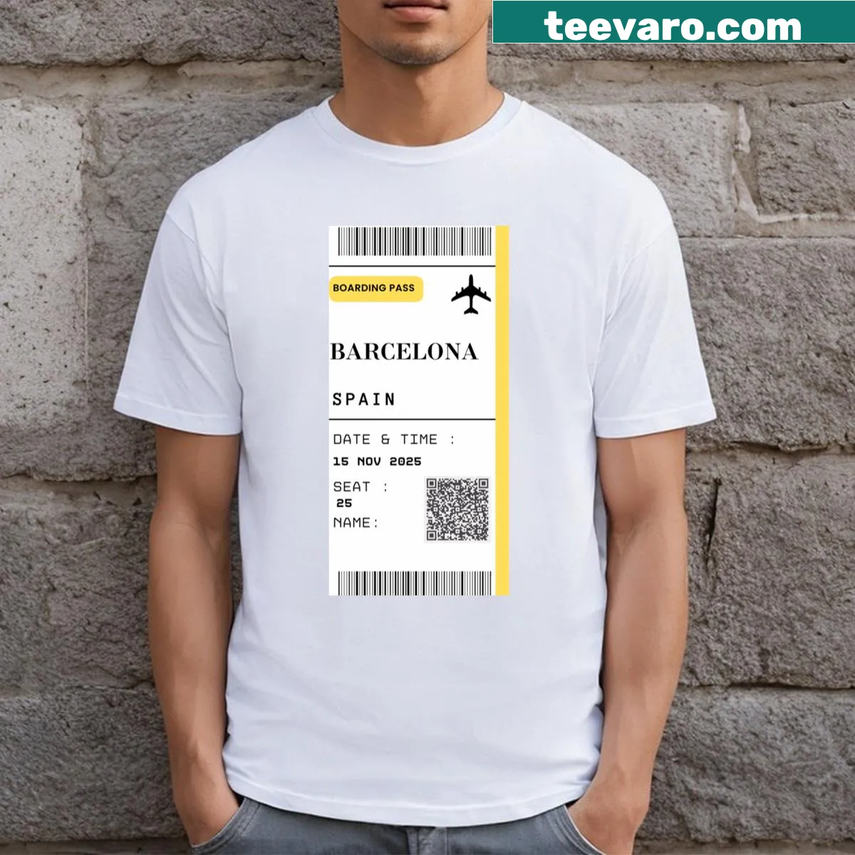 Boarding Pass Barcelona t-shirt featuring a vintage-style graphic — on a men's t-shirt