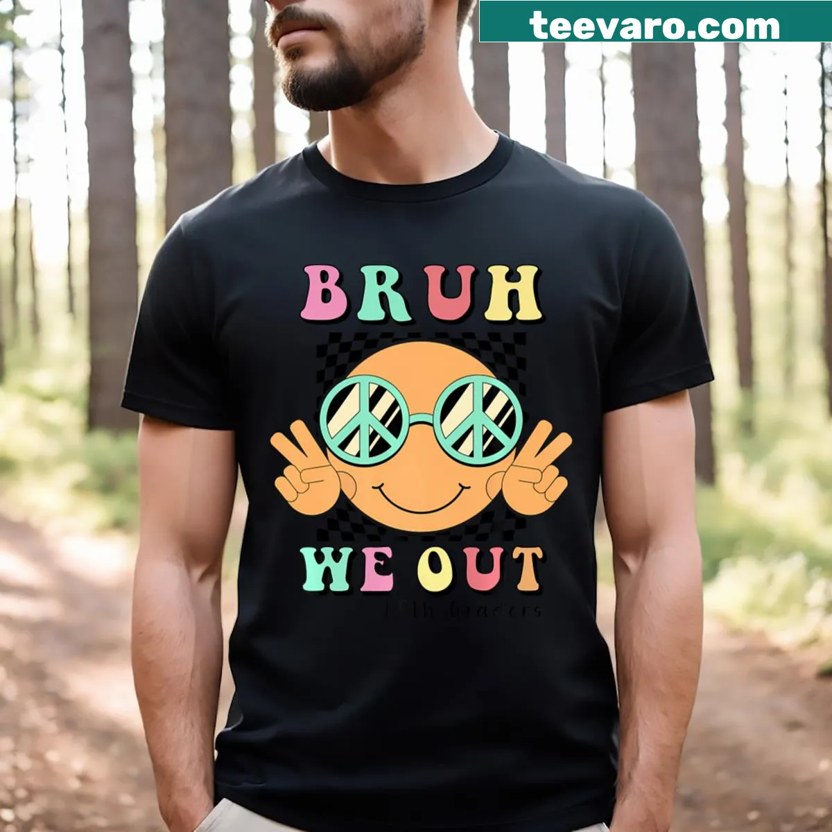 Playful typography graduation T-shirt with 'Bruh We Out' phrase — on a men's t-shirt