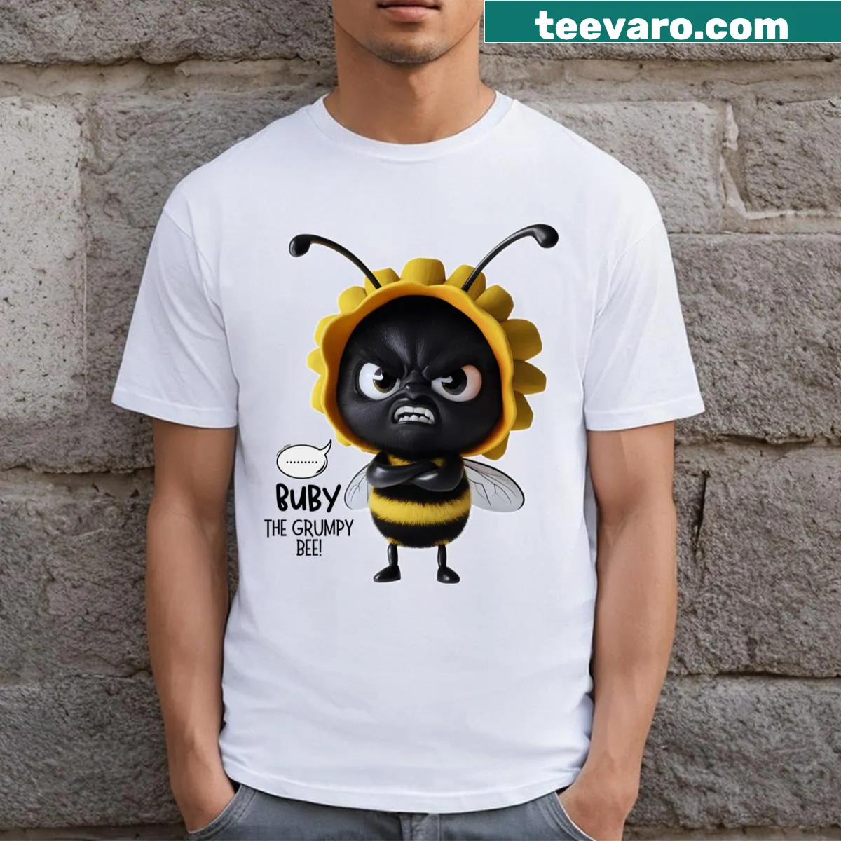Funny cartoon t-shirt featuring Buby the grumpy bee for humor lovers. — on a men's t-shirt