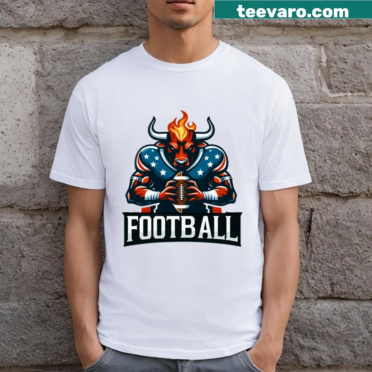 Bull football player badge emblem printed t-shirt — on a men's t-shirt