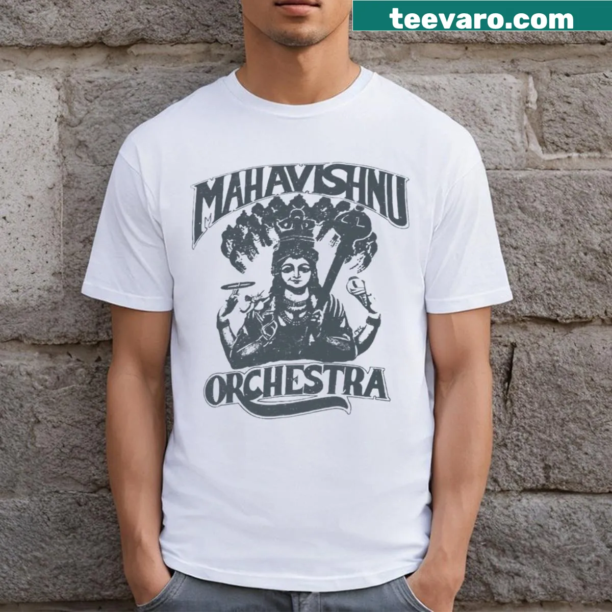 Retro Mahavishnu Orchestra 70s band graphic t-shirt — on a men's t-shirt