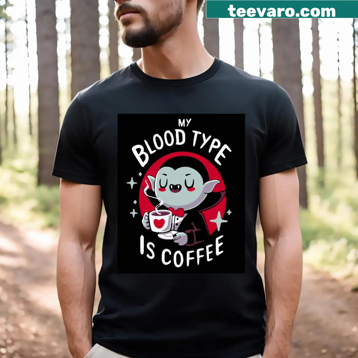 Funny t-shirt with text 'My Blood Type Is Coffee' — on a men's t-shirt