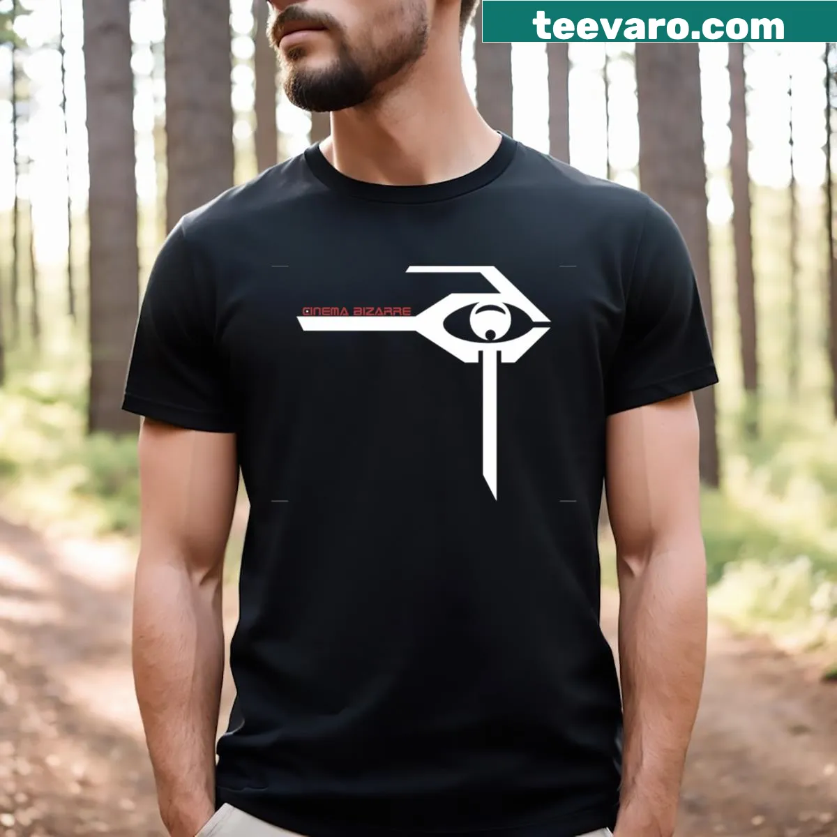 T-shirt featuring an artistic design honoring Cinema Bizarre — on a men's t-shirt