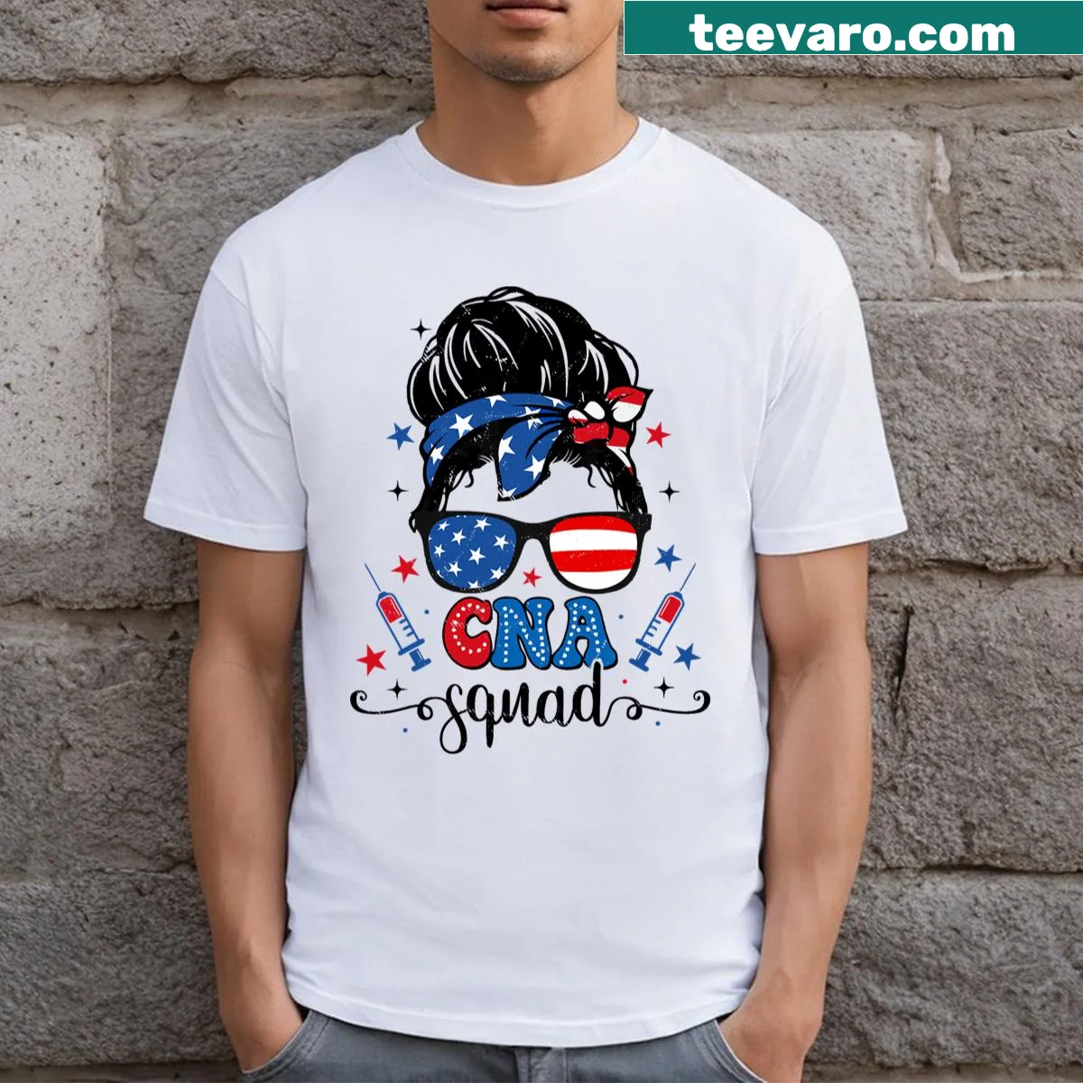 Fourth of July T-shirt for nurses with messy bun and stethoscope graphic — on a men's t-shirt
