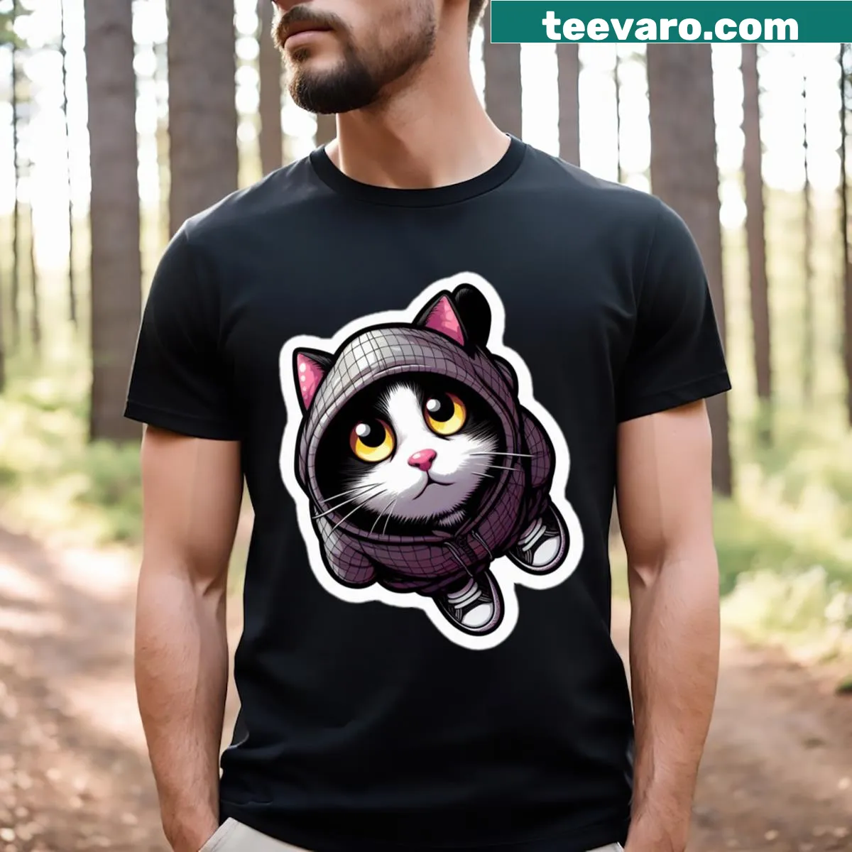 Cute cat sticker designs on T-shirt for animal lovers — on a men's t-shirt