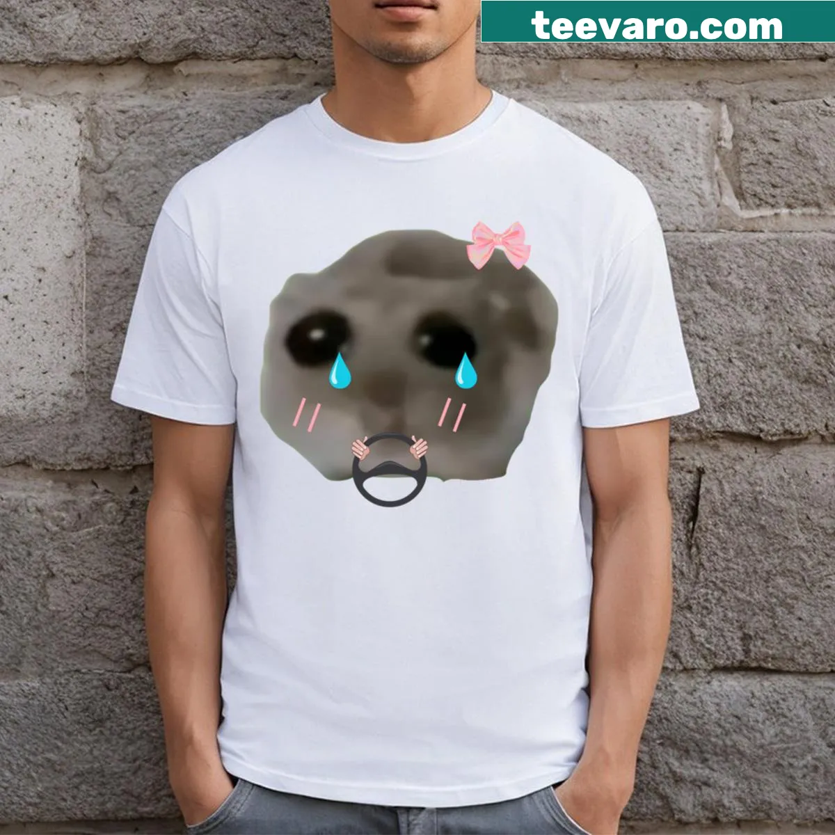 Sad hamster meme t-shirt expressing humor and cuteness — on a men's t-shirt