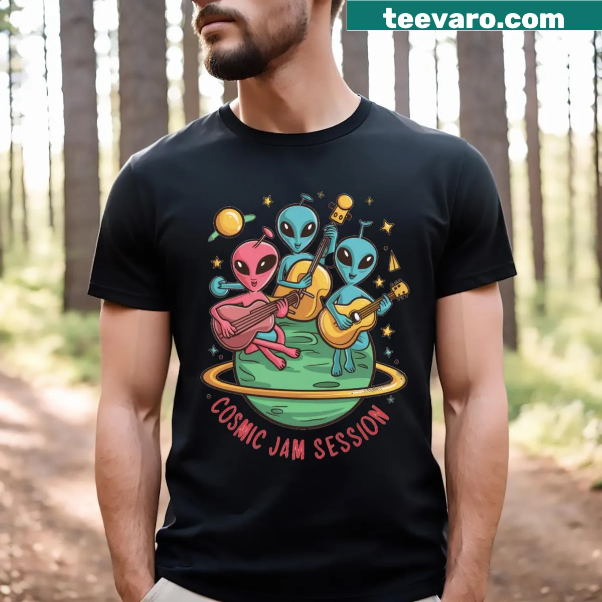 Alien band graphic T-shirt with guitars and cosmic elements — on a men's t-shirt