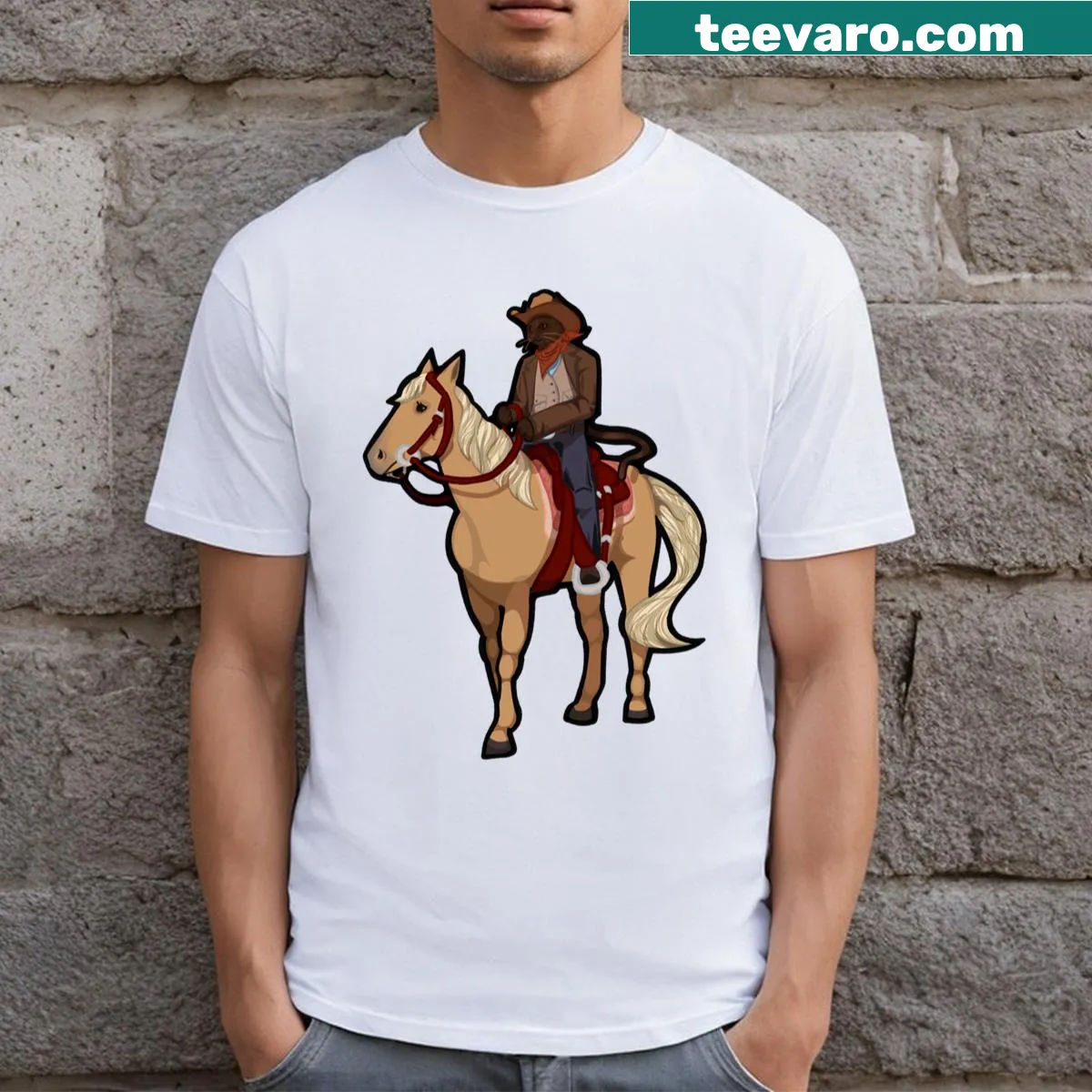 A humorous design featuring a cowboy cat on a horse. — on a men's t-shirt